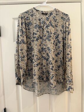 Massimo Dutti Floral Long Sleeve Blouse Tan Navy Blue Button Down Top US 6